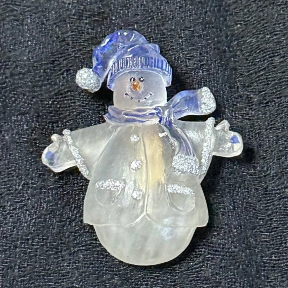 Snowman Brooch Pin Clear Acrylic Blue Hat Glitter Holiday Winter